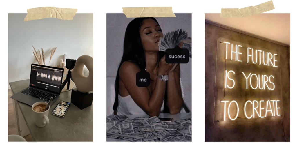 Three motivational for blog post about an experiment to change my life; one image of a podcast setup, another of a woman with piles of money, and the last with a sign saying, "the future is yours to create."